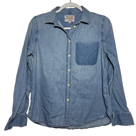 FLAW Madewell Shrunken Denim Shirt Light Wash Button Up Long Sleeve Top Women M - Picture 2 of 9